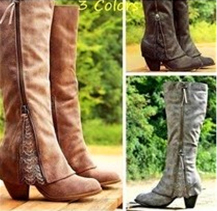 High heeled thick heeled cuffed high boots