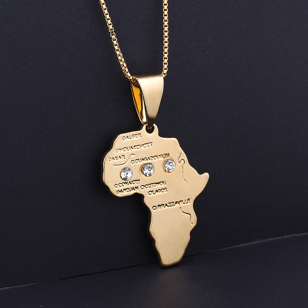 Classic Gold Color Africa Map Pendant Necklace Male Vintage Copper Jewelry Rhinestone Hip Hop Long Chain Necklace For Men