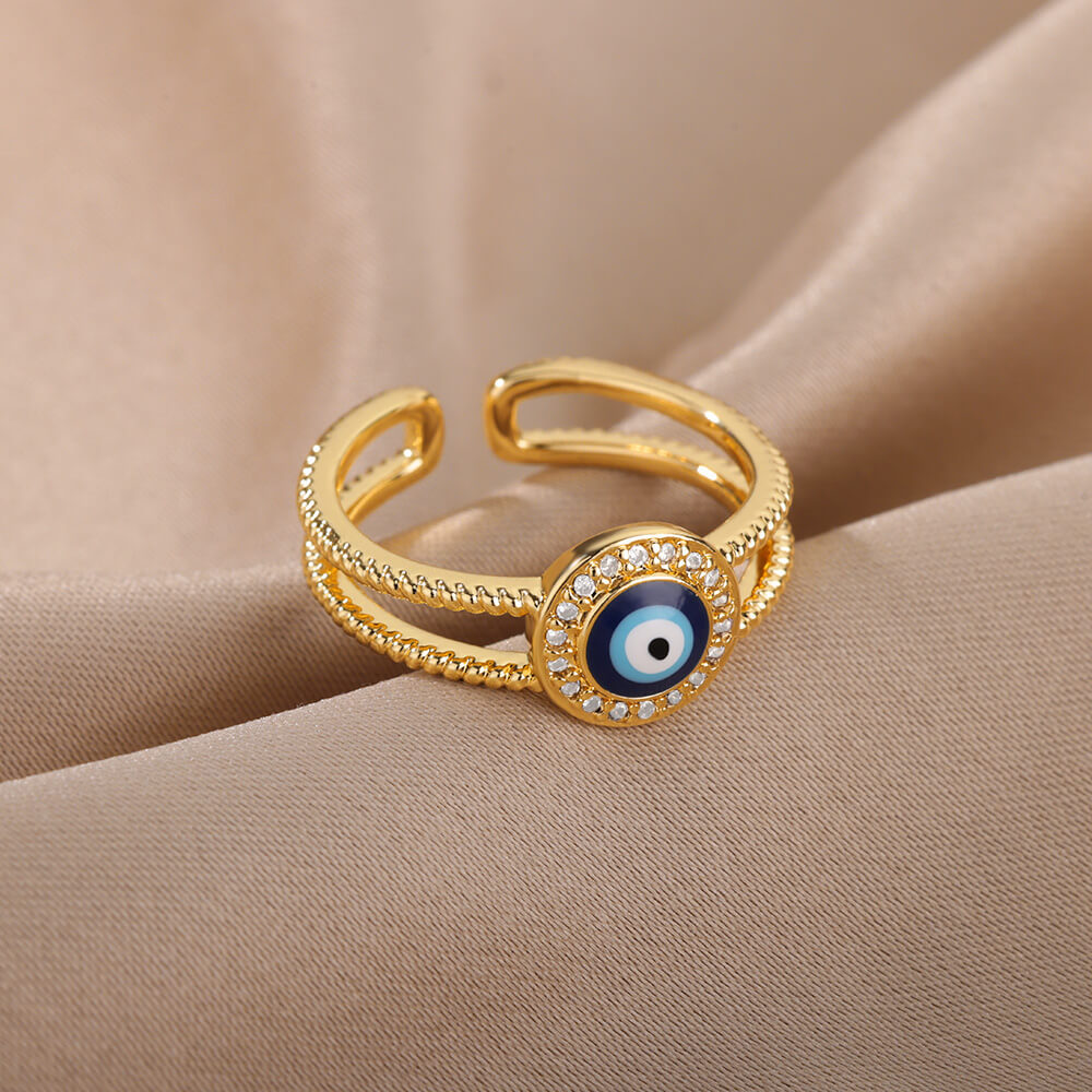 Turkish Zircon Evil Eye Rings For Women Open Adjustbale Gold Plated Stainless Steel Ring Couple Rings Wedding Jewelry Bague