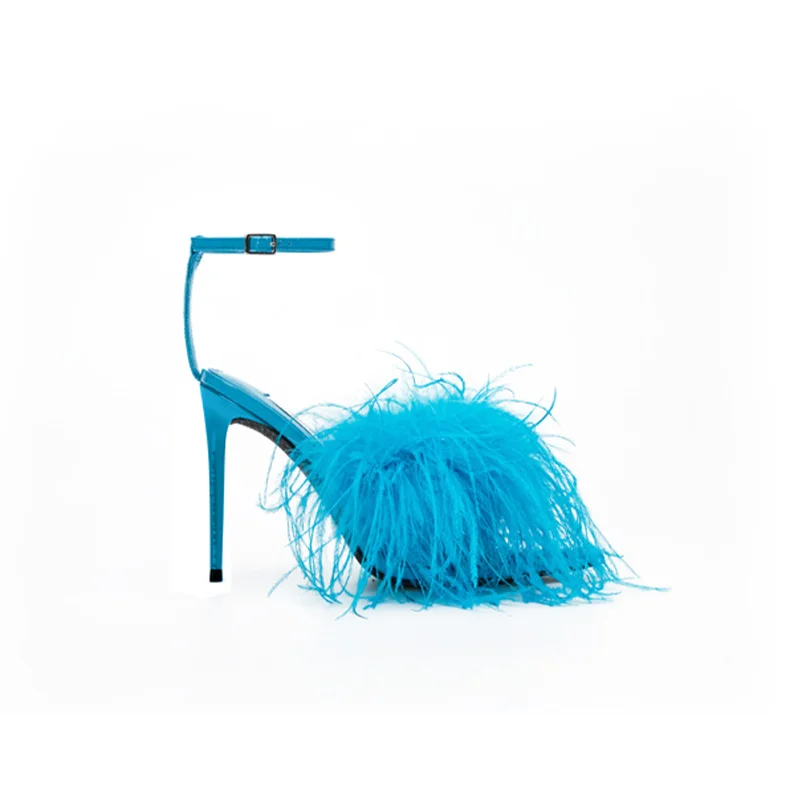 Spring and Summer New Women's Feather High Heels Versatile Strap Pointed Thin Heel Sandals