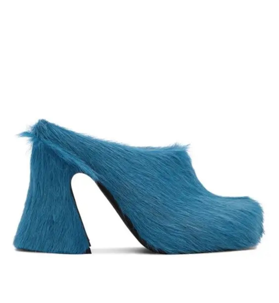 Round headed candy colored genuine leather horse hair with raised height inside casual lazy half slippers for women