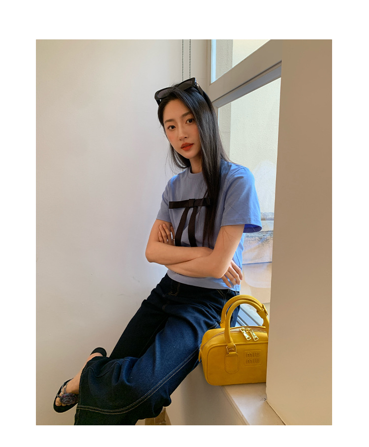Ladies' Body-Hugging Round Neck Tie Front T-shirt