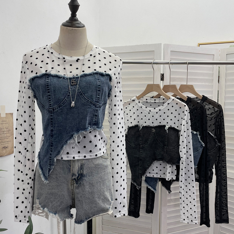 Asymmetric Distressed Jean Tailored Cropped Wrist-Length Tee