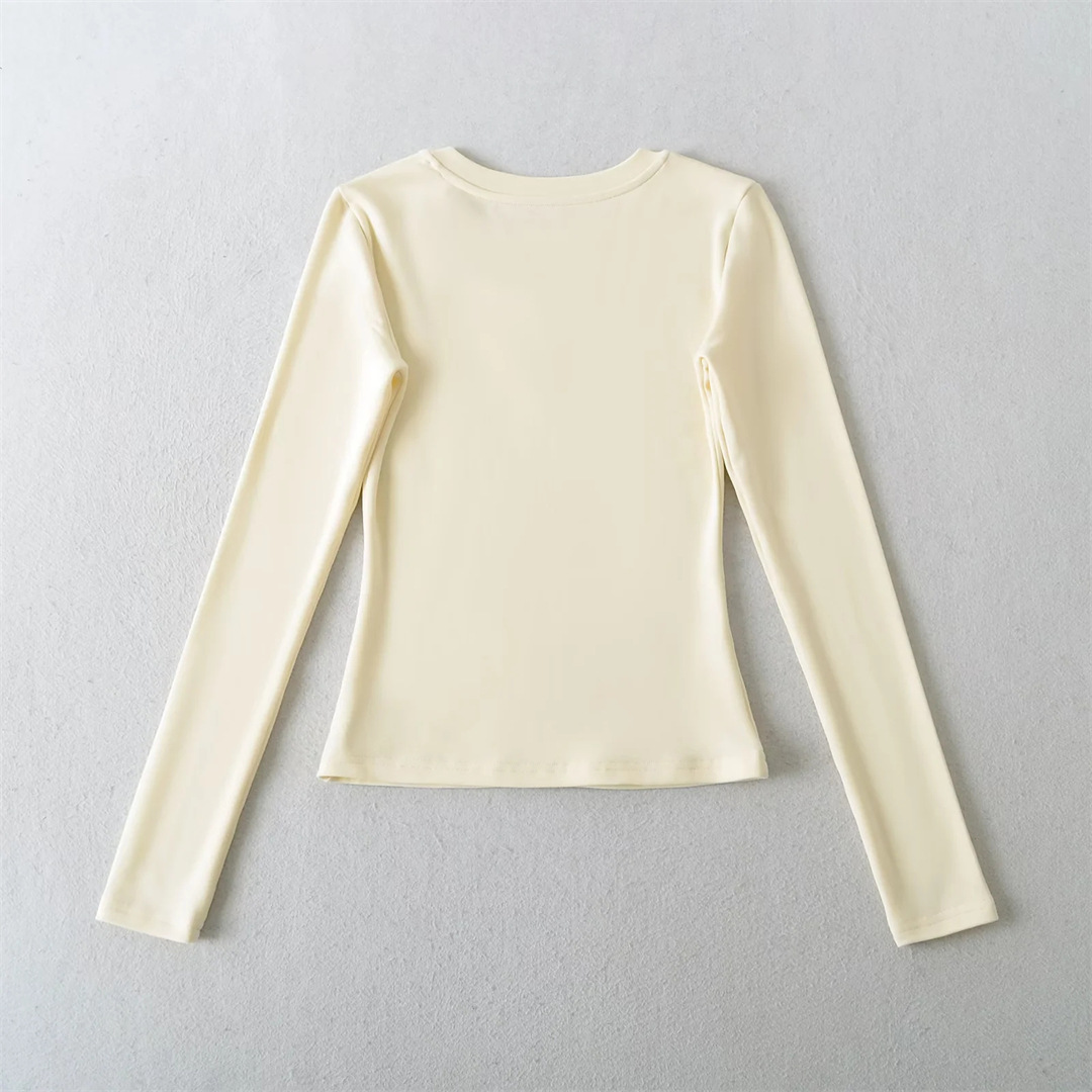 Private Lady Slim Fit Plunge Plain Wrist-Length Tee
