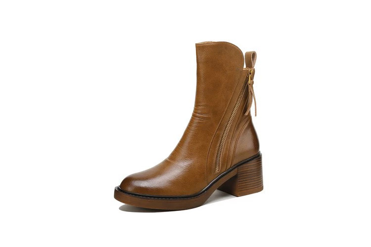 Round headed double zipper thick heel sponge bottom brown retro Martin boots for women