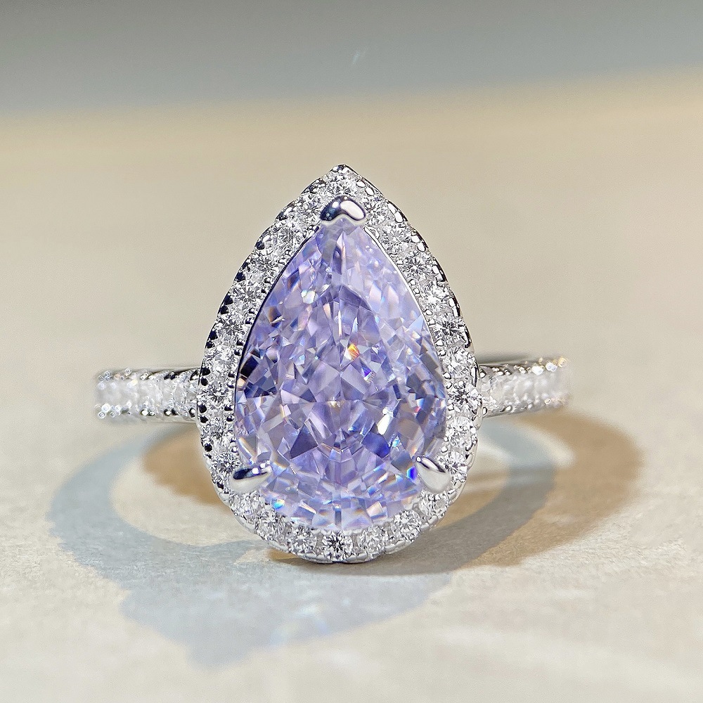 S925 sterling silver pear-shaped ring lavender purple high carbon diamond gemstone diamond ring European and American fashion zircon ring