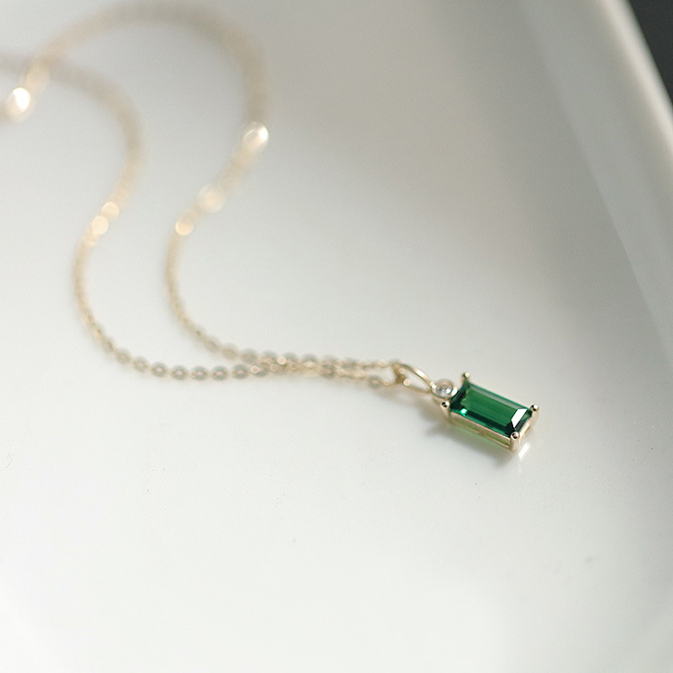 925 Sterling Silver 14K Gold Plated Emerald Green Mini Rectangle Zircon Necklace Female Korean Style Pendant Necklace