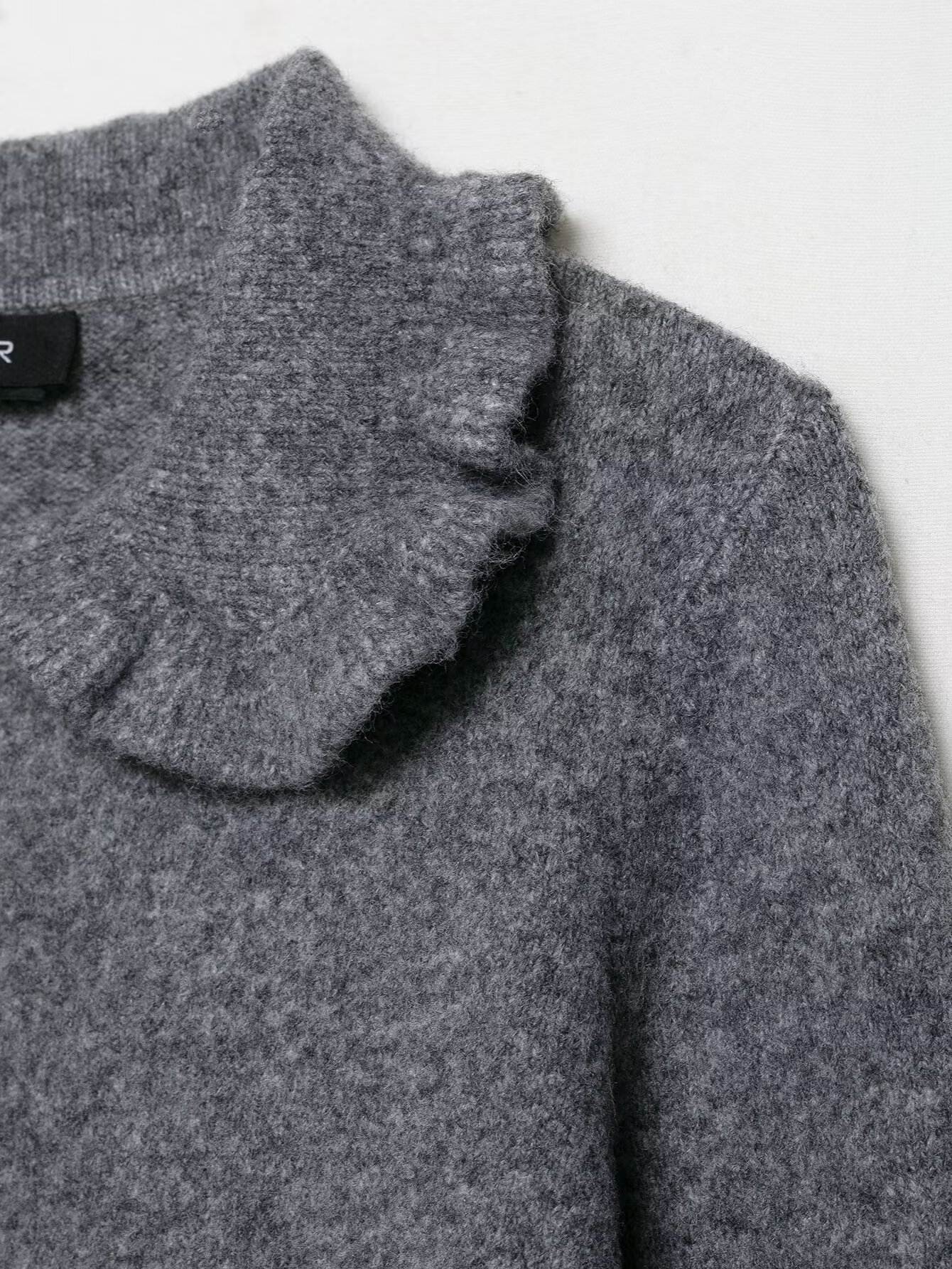 Ladies Charcoal Ruffle One-Button Flip Collar Sweater