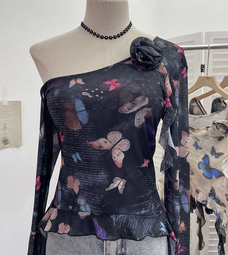 Asymmetric Pointed Floral Off-Shoulder Full Sleeve Top