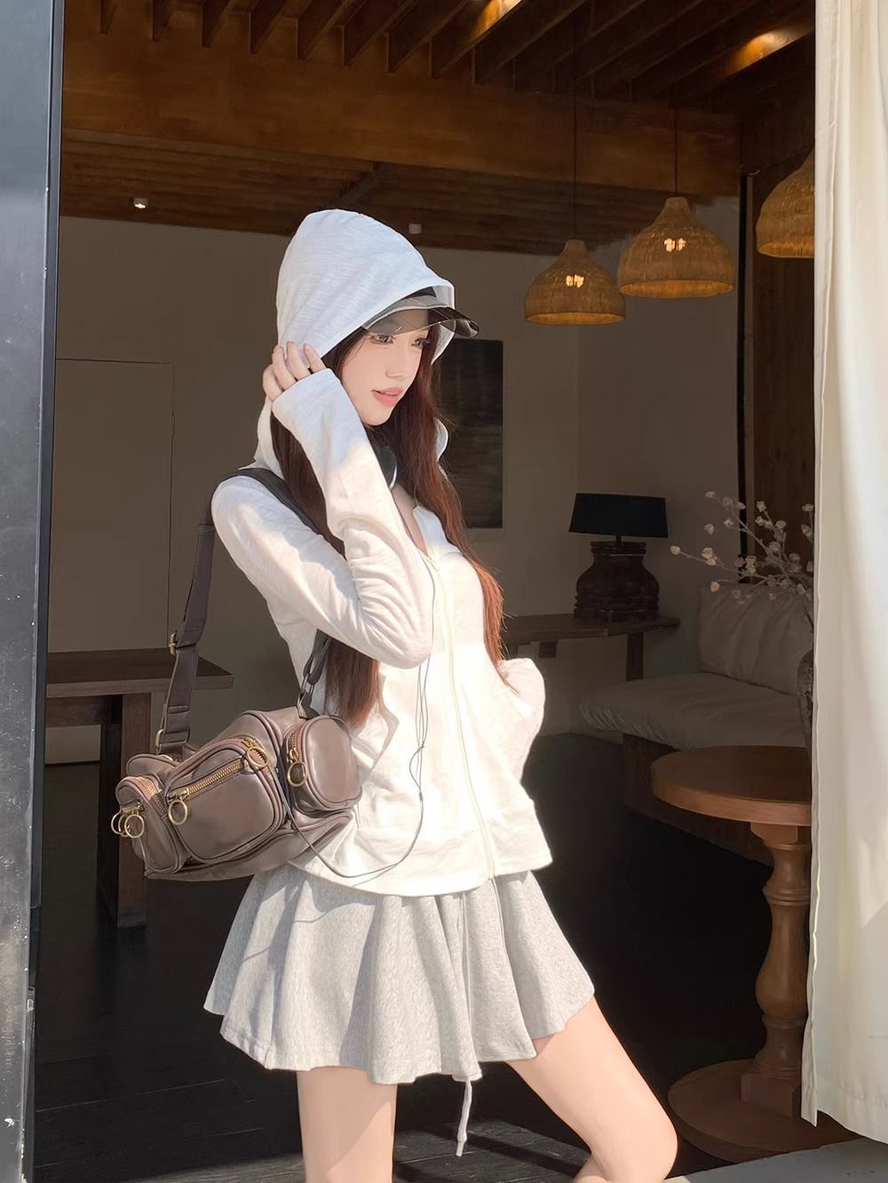 Cream Korean-Japanese Cardigan UV Hood Jacket