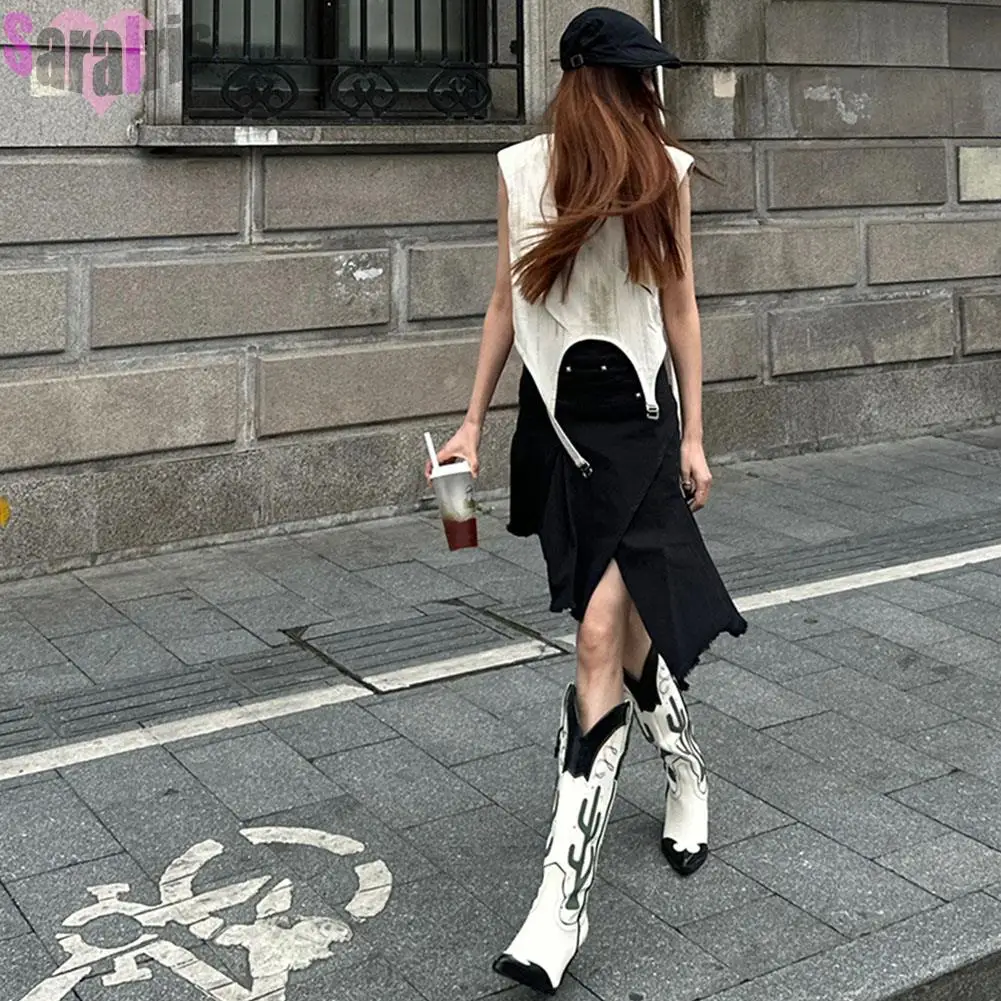 Western Cowboy Mid Calf Women Boots Chunky High Heels Cactus Vintage Cowgirl Long Boots Retro Shoes Woman