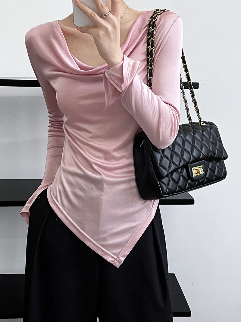 Women Slim Solid Cowl Neck Elongated Sleeve Tee