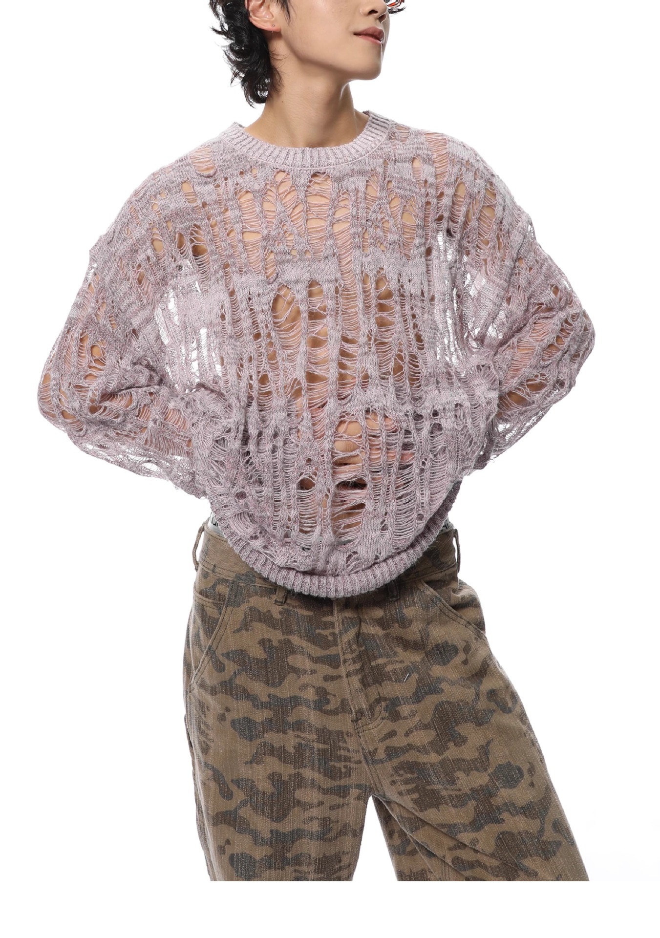 Polyester Open Mesh Crew Neck Sweater