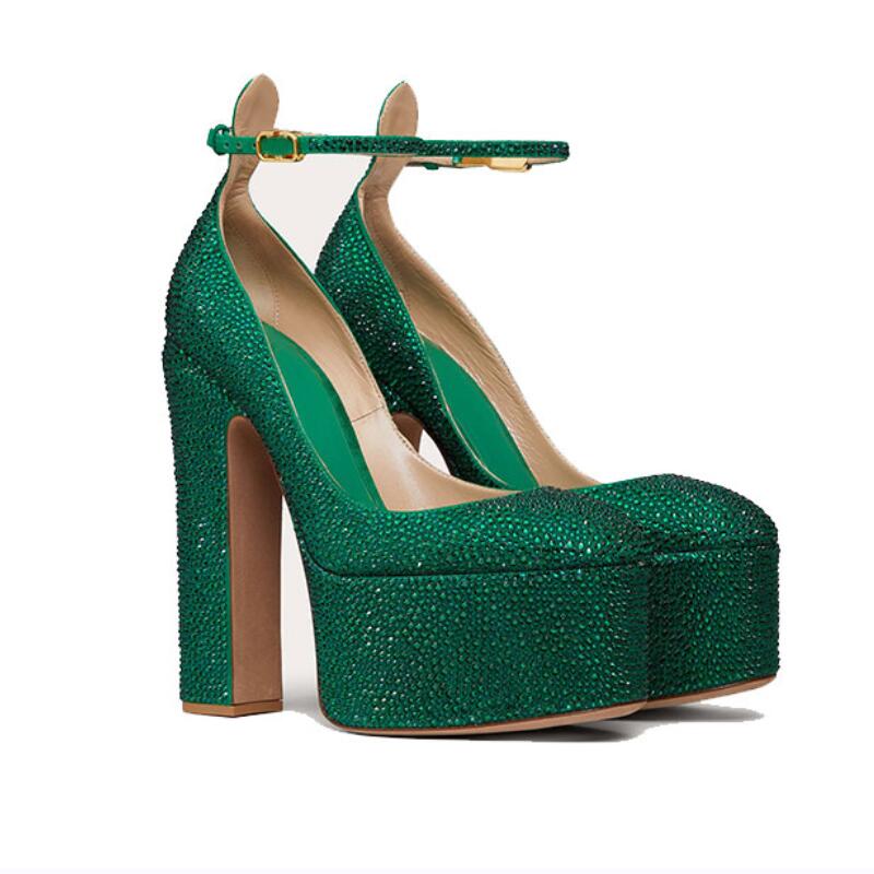 Processing time:5-7days after placing orders New Sexy Brand Women's Hot Drilling Wedding Shoes Thick High Heel Platform Pumps Party Black Beige Green Purple Big Size 43