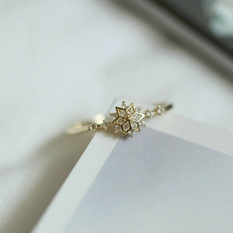 925 Sterling Silver Snowflake Ring 14k Gold Plating Simple Gold Silver color Women Engagement Wedding Ring Gift