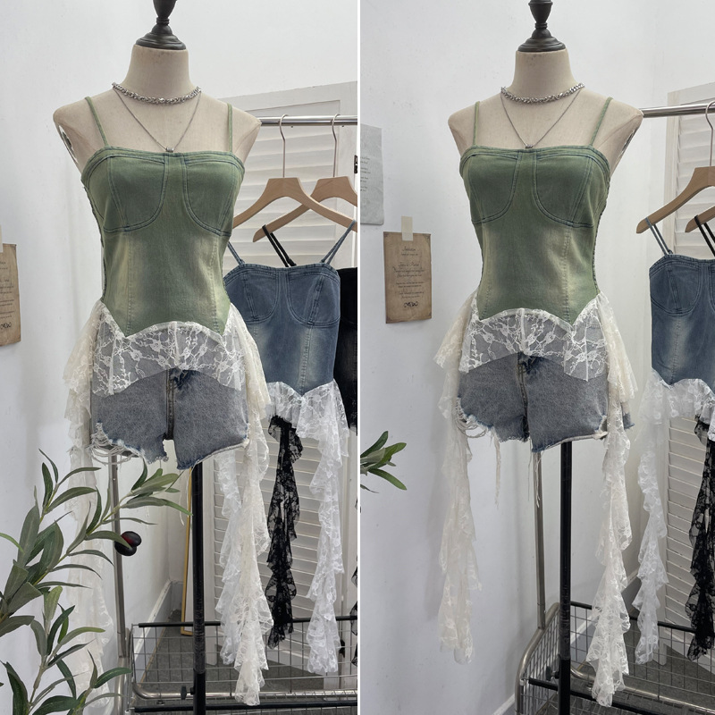 Slim Asymmetric Faded Jean Lacy Panel Fringed Bandeau