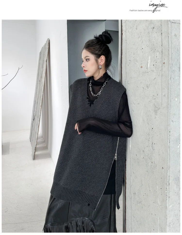 Women Sweater V-neck Asymmetry Sleeveless Knitting Vests Fashion Loose Long Dark Gray Autumn And Winter Sweater Vests