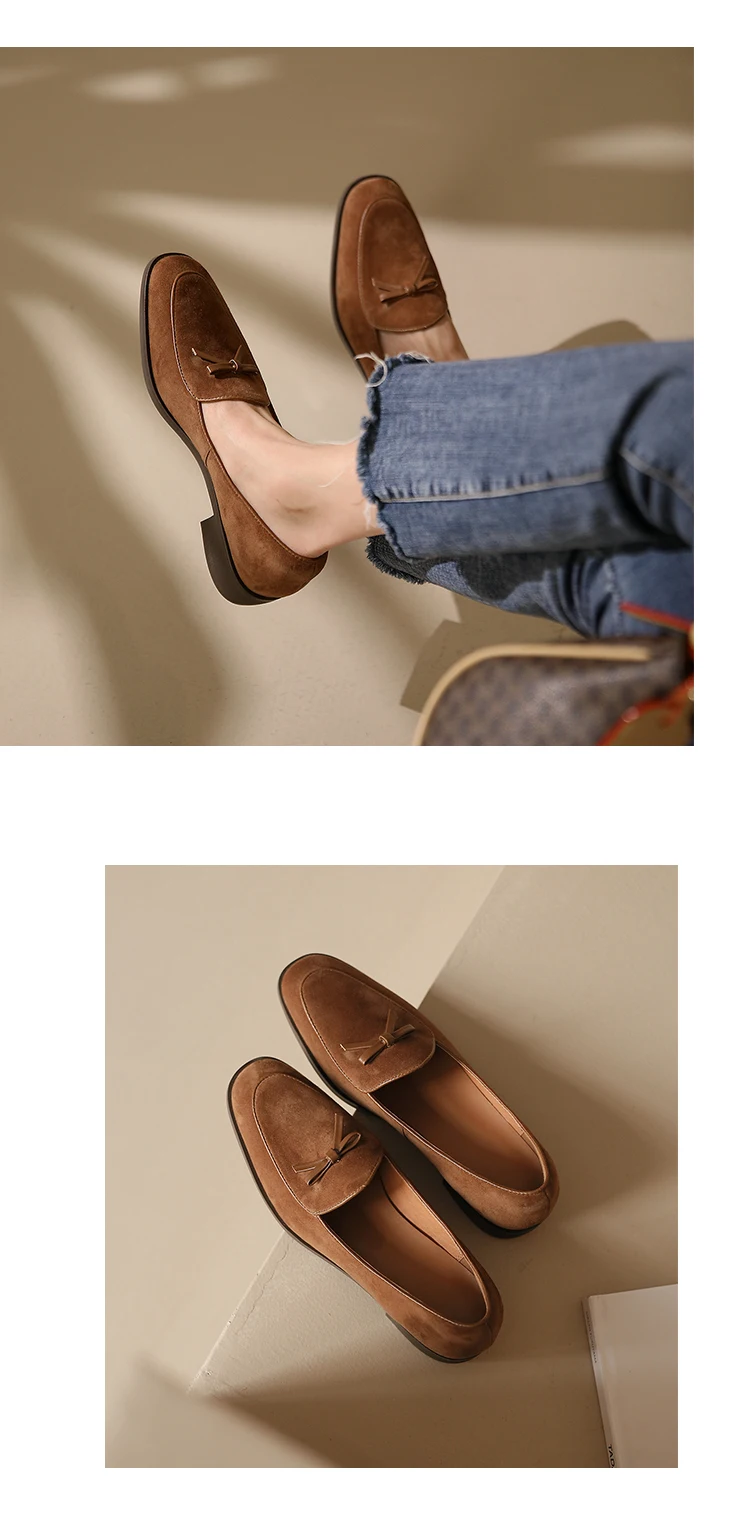 Spring/Autumn Women Loafers Genuine Leather Shoes for Women Round Toe Chunky Heel Shoes Casual Bow-knot Low Heel Women Pumps