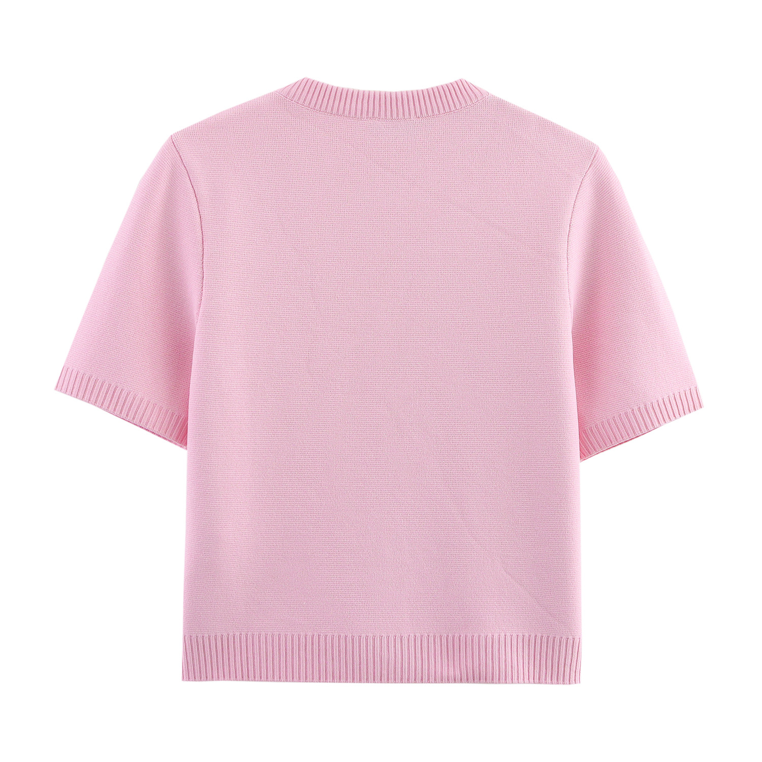 Round neck short sleeved button up knitted sweater top for women