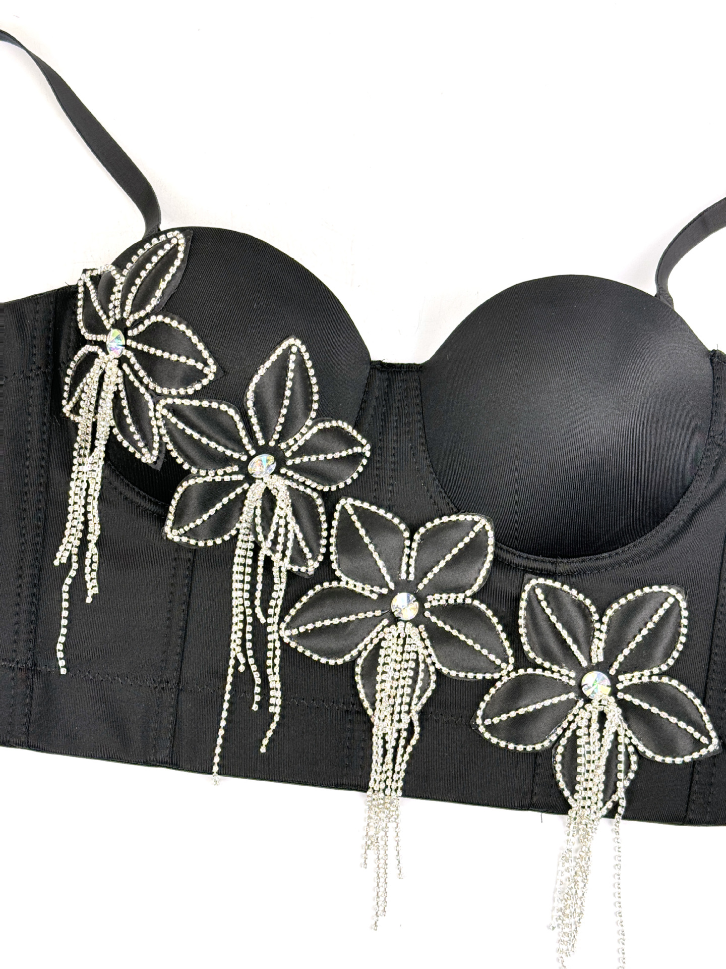 Floral Rhinestone Chain Tassel Boned Bustier Heavy Embroidery Fitted Strapless Camisole Outerwear Sexy Boned Top