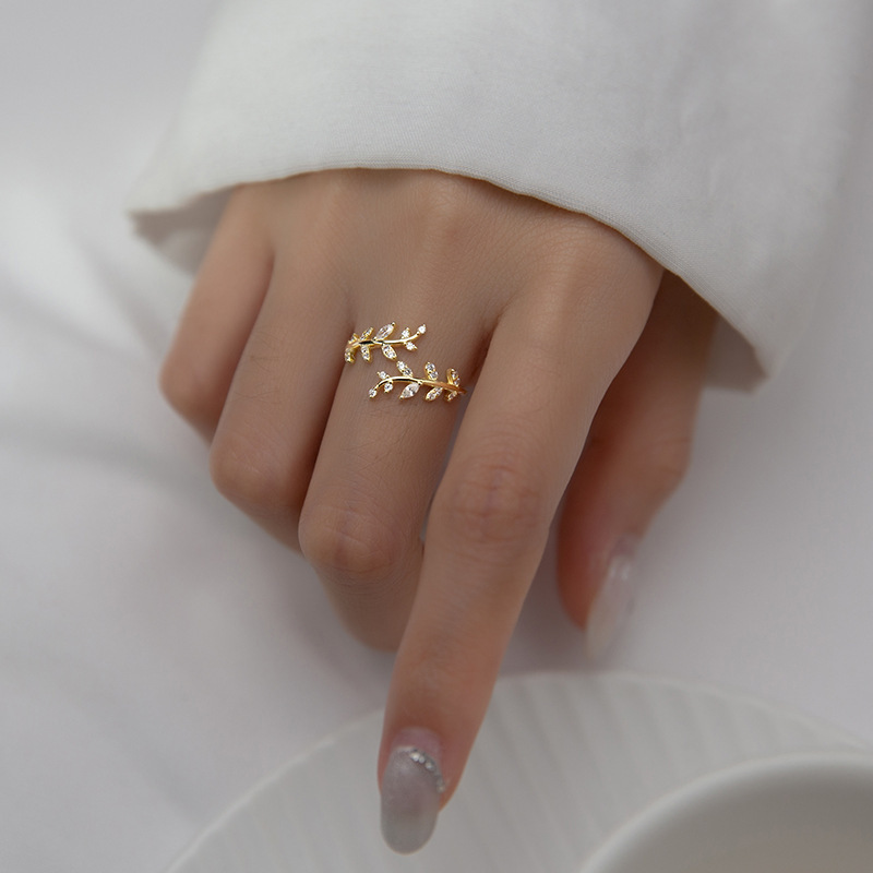 S925 sterling silver diamond branch bud ring for women with branch and leaf open ring