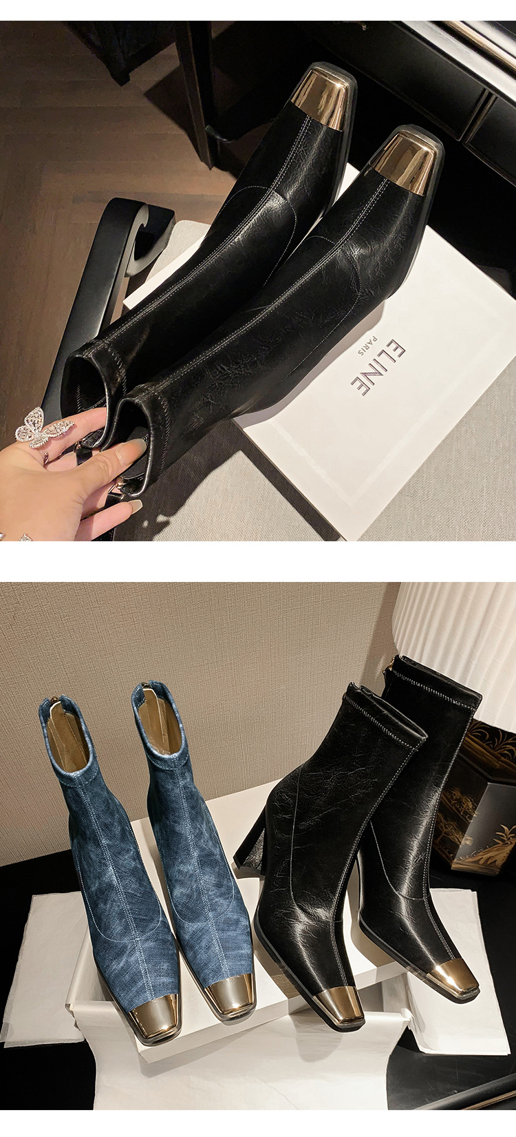 New Fashion Autumn Winter Warm Shoes Chunky High Heels Platform Black Blue Dress Party Work Female Lady Ankle Boots