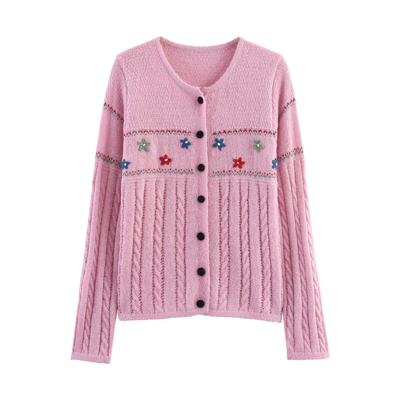 Relaxed Fit Full Arm Stitched Flower Cardigan