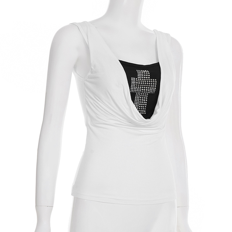 Post-Apocalyptic Style Unique Swing Collar Cross Splicing Sleeveless Top Spicy Girl Color Block Short Fake Two-Piece Knitted Vest