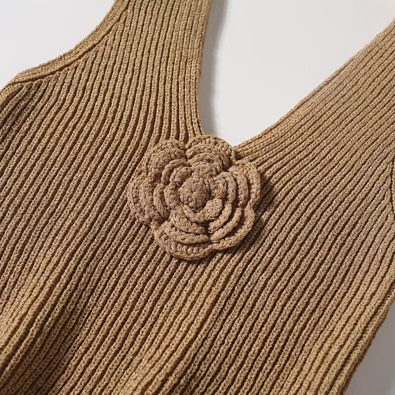 Ladies Plunging Sleeveless 3D Floral Knit Vest