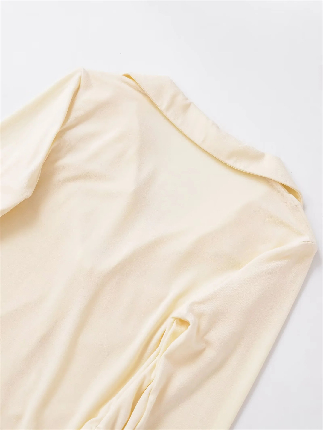 Plain Full-Arm Dropped-Neck Frill Double-Layer Slim-Fit Cropped Tee