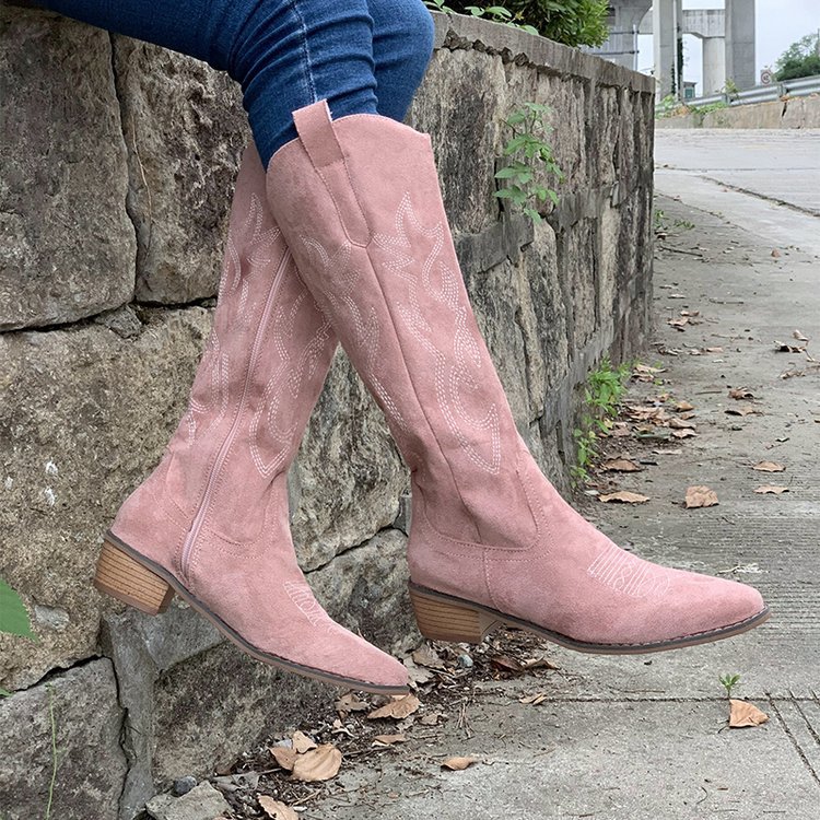 Brown thick heeled mid calf knight boots short boots Western cowboy