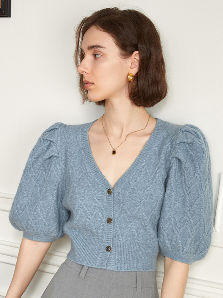 Plain Acrylic Plunge Puffed Button-Front Fitted Cardigan