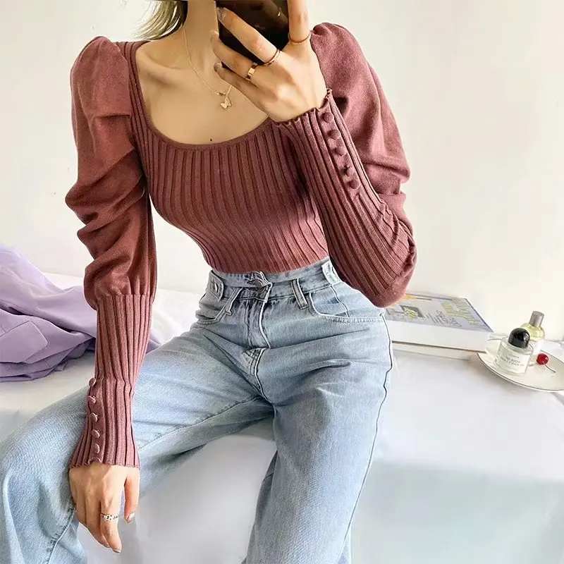 Ladies Knit Plain Geometric Neckline Puffy Sleeves Jumpsuit