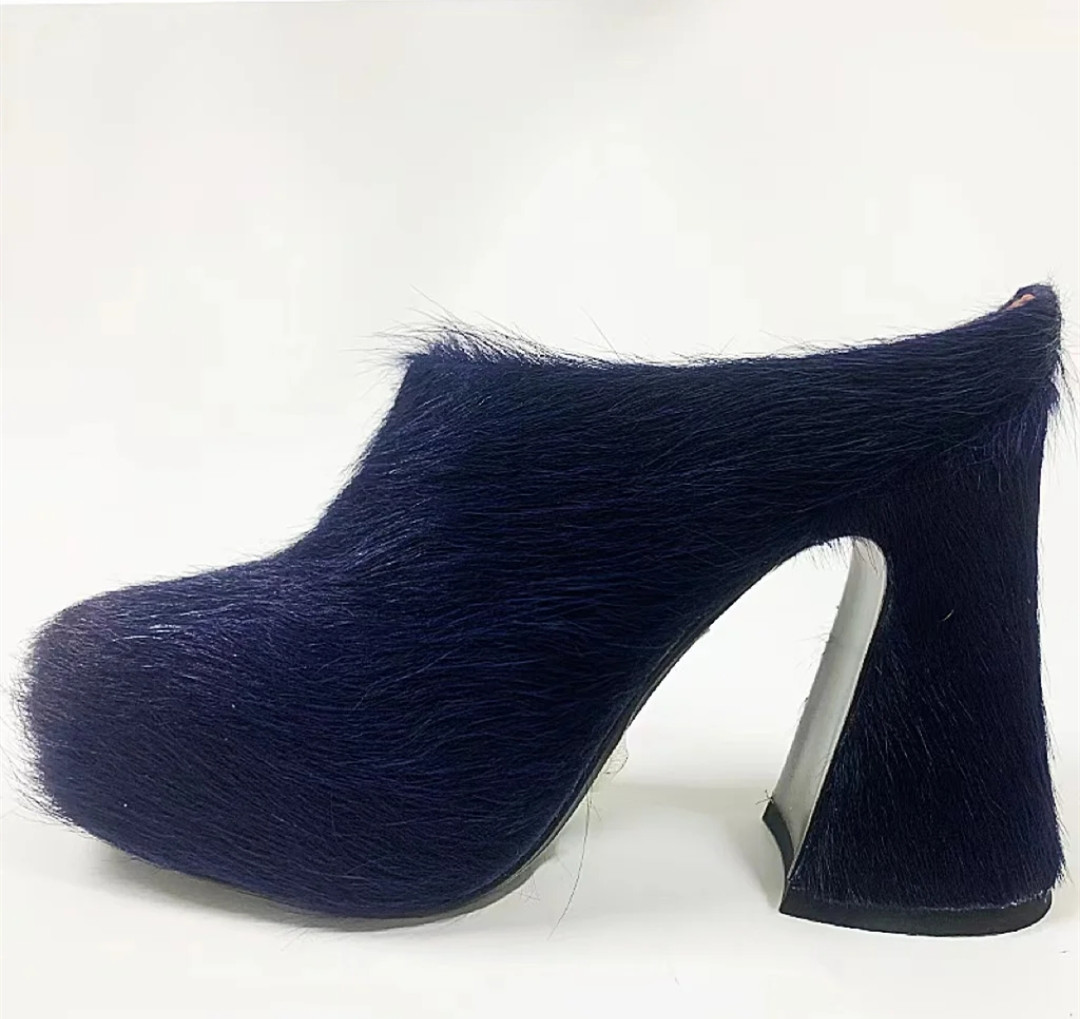 Round headed candy colored genuine leather horse hair with raised height inside casual lazy half slippers for women