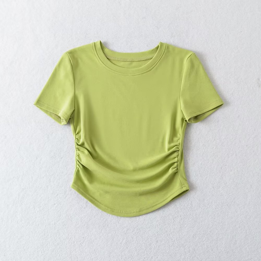 Slim Crew Half Sleeve Gathered Cropped Scalloped T-shirt