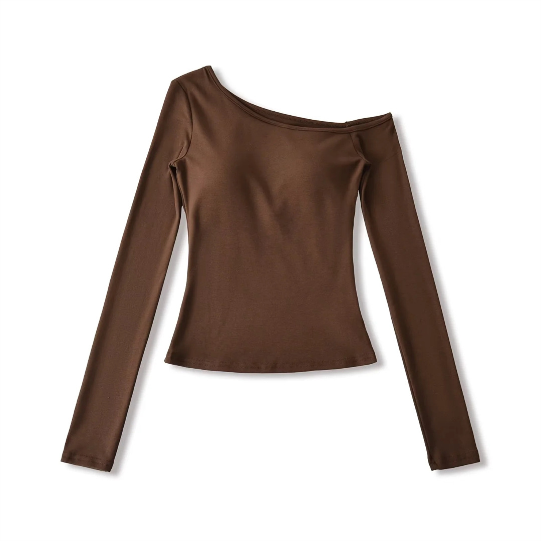 Slim Fit Wrist-Length Plain Slant-Neck Bra-Cup Blouse