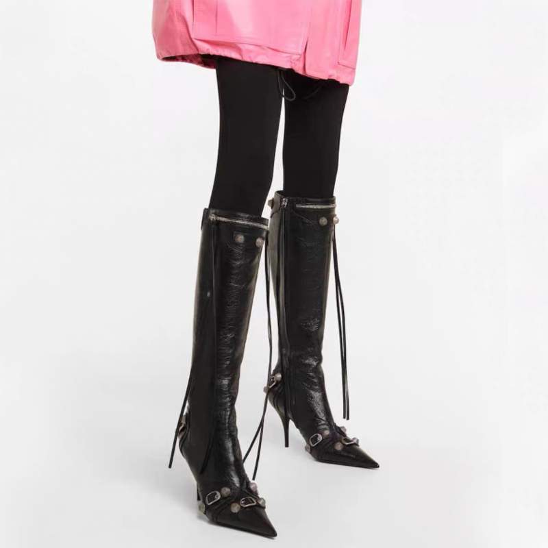 Women's Autumn and Winter Pointed Toe Metal Buckle Zipper Knee Boots Stiletto Rivet High Heels Luxury Shoes