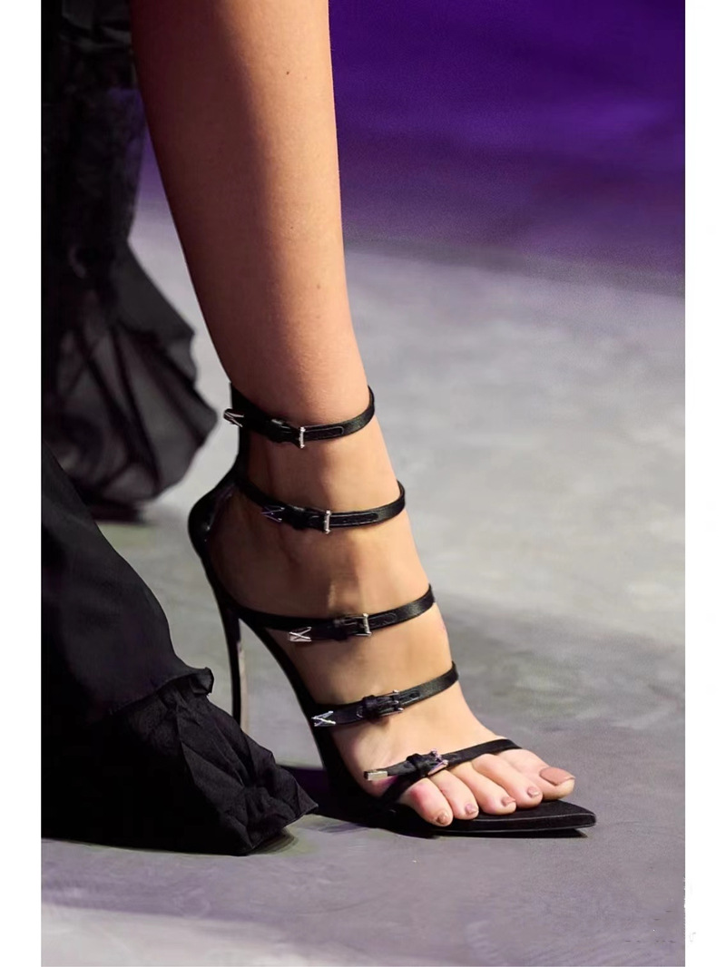 High Heeled Pointed Roman Sandals, Satin Sheepskin Buckle, Womens Oversized Shoes