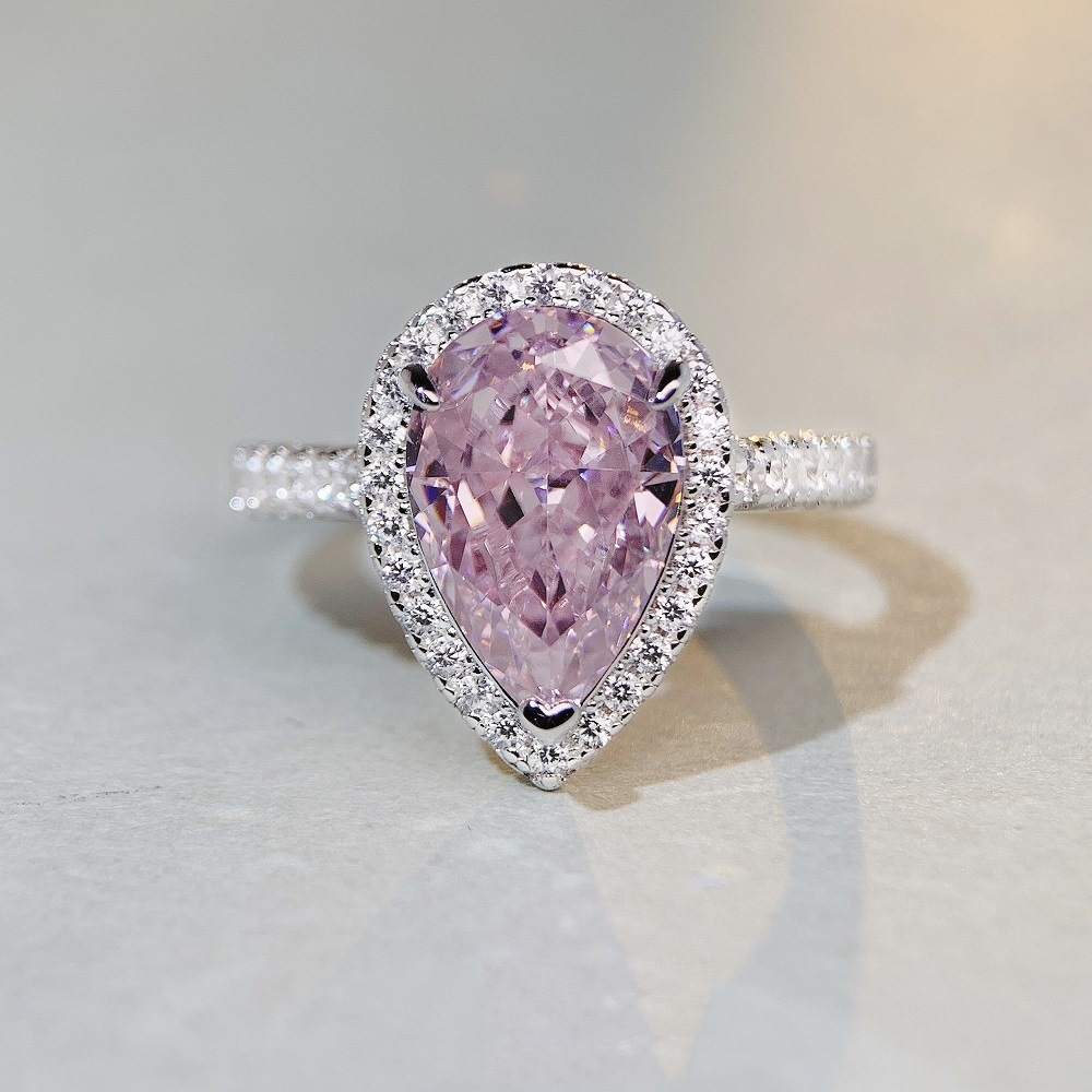 S925 sterling silver pear-shaped ring lavender purple high carbon diamond gemstone diamond ring European and American fashion zircon ring