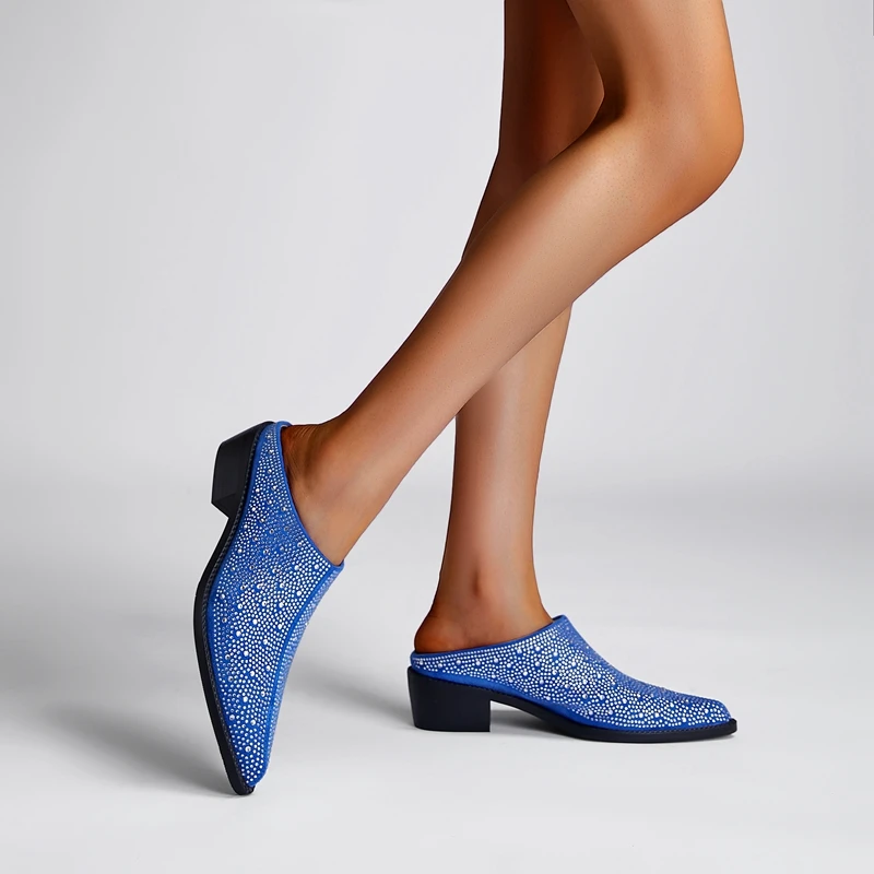 Ladies Tapered Toe Chunky Suede Crystal Mules
