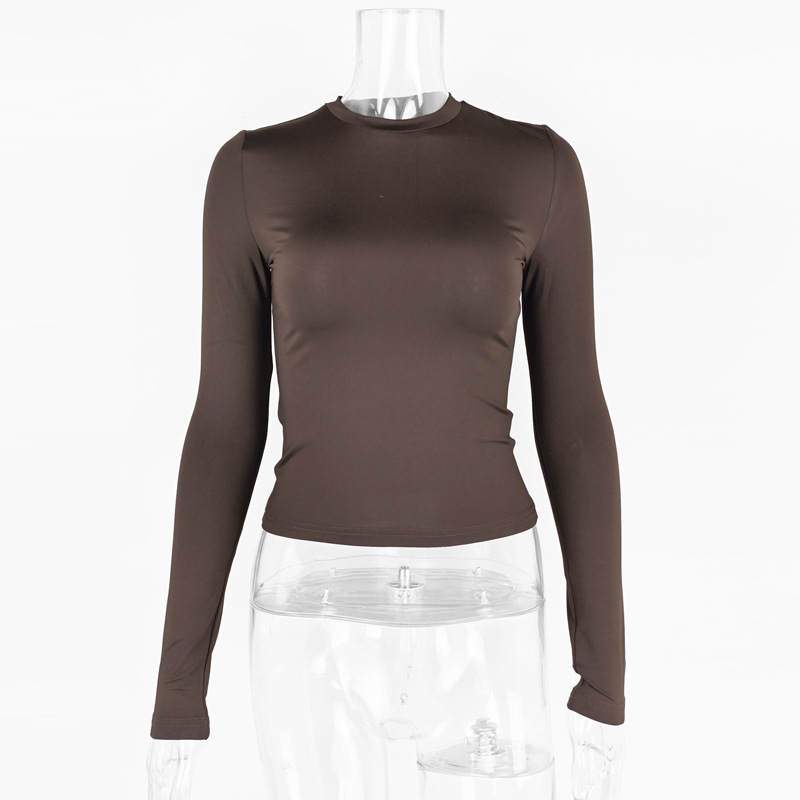 Long sleeved round neck T-shirt solid color slim fit top