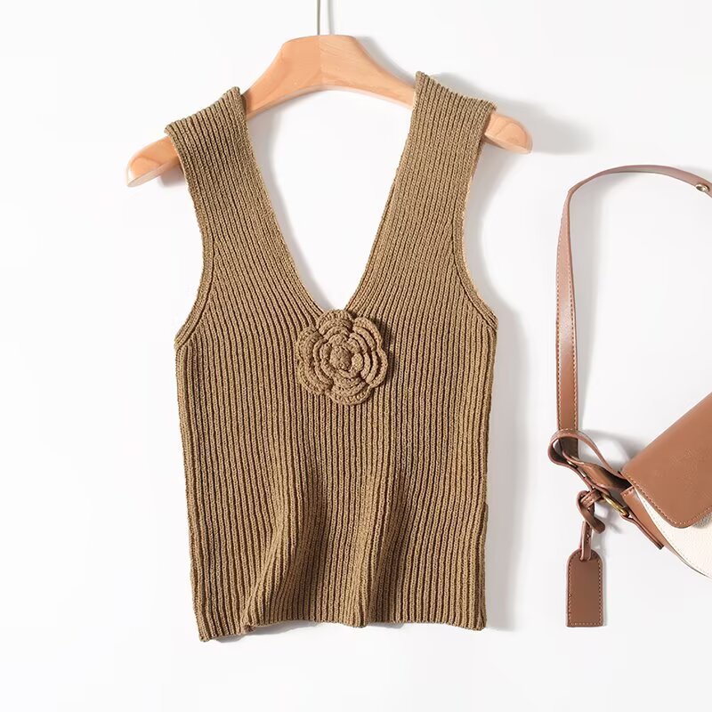Ladies Plunging Sleeveless 3D Floral Knit Vest