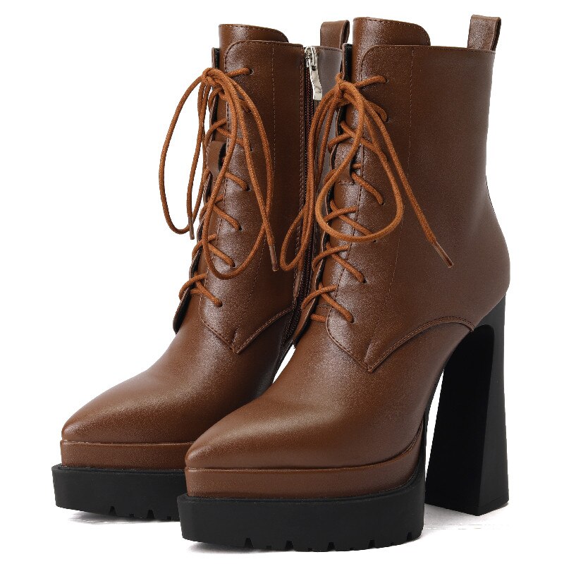 Autumn Winter Women Ankle Boots Elegant Office Ladies Party High Heels Pointed Toe Platforms Genuine Leather Shoes