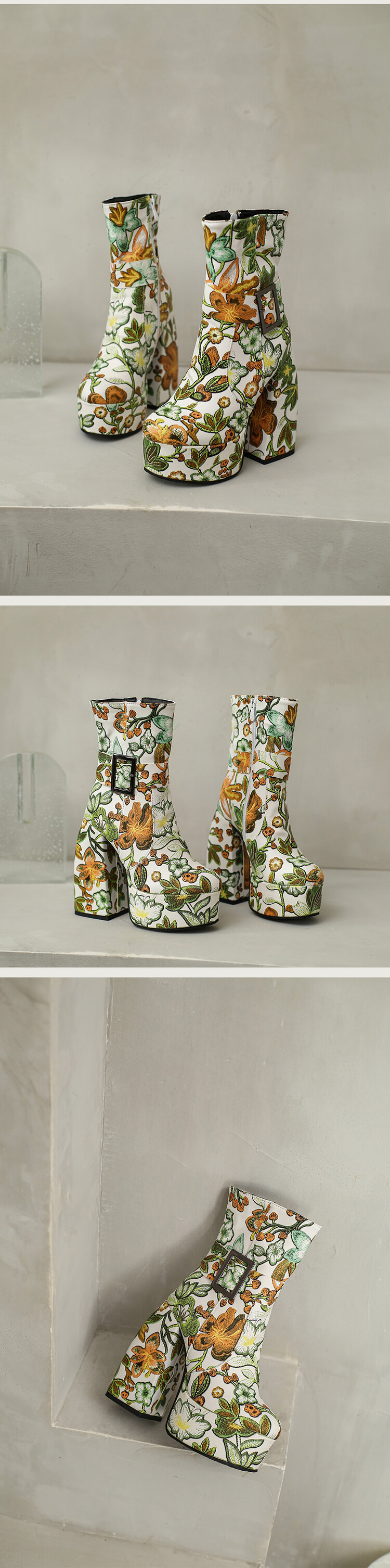 Women's Winter New Fashion Embroidery Pattern Thickened High-heeled Thick-bottomed Round Toe Side Zipper Ankle Boots