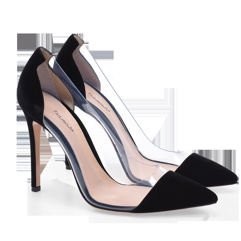 PVC Spliced Pointed High Heel Single Shoes Large Womens Shoes Fashion Shoes