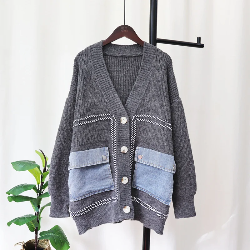 Retro Vee Collar Jean Pieced Knit Full-Sleeved Cardigan