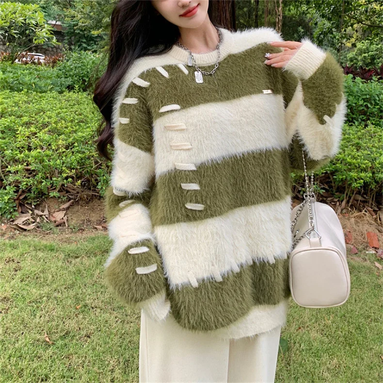 Ladies Fall Two-Tone Oversized Stretch Acrylic Sweater