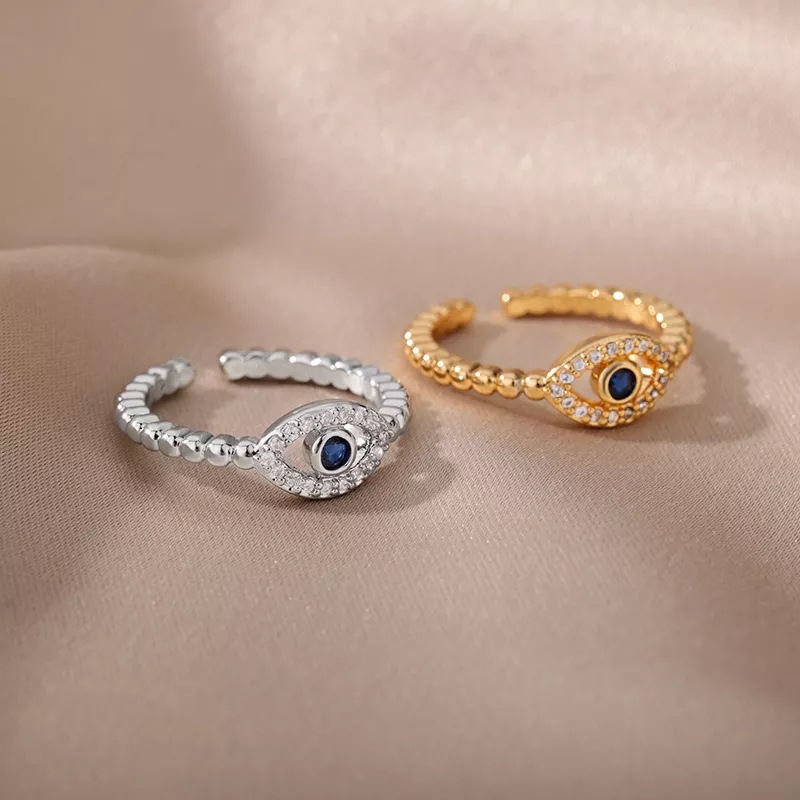 Turkish Zircon Evil Eye Rings For Women Open Adjustbale Gold Plated Stainless Steel Ring Couple Rings Wedding Jewelry Bague