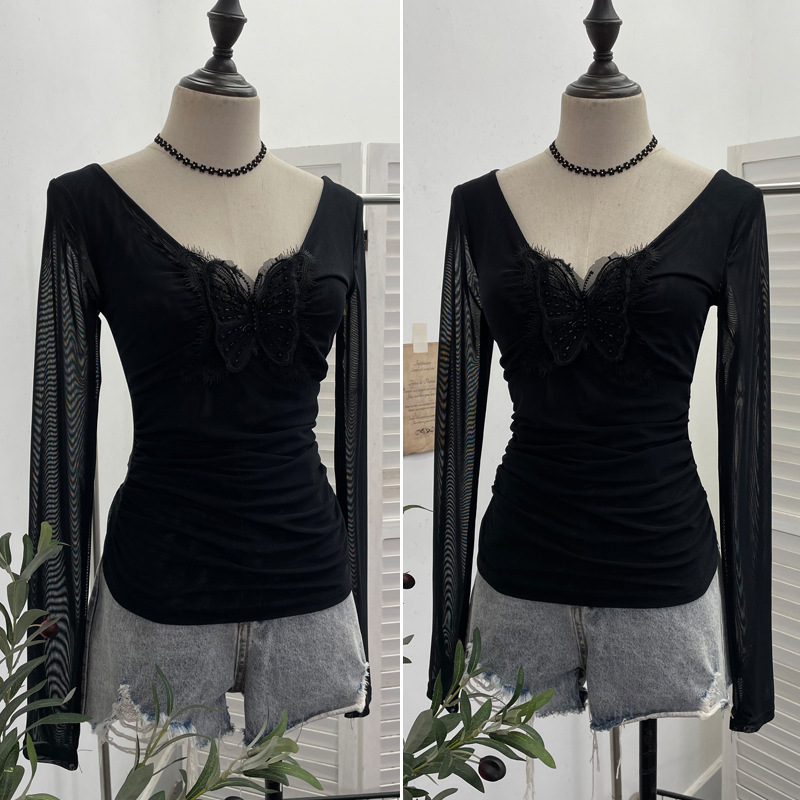 Plunging Neckline Long Sleeve Slim Fit Top