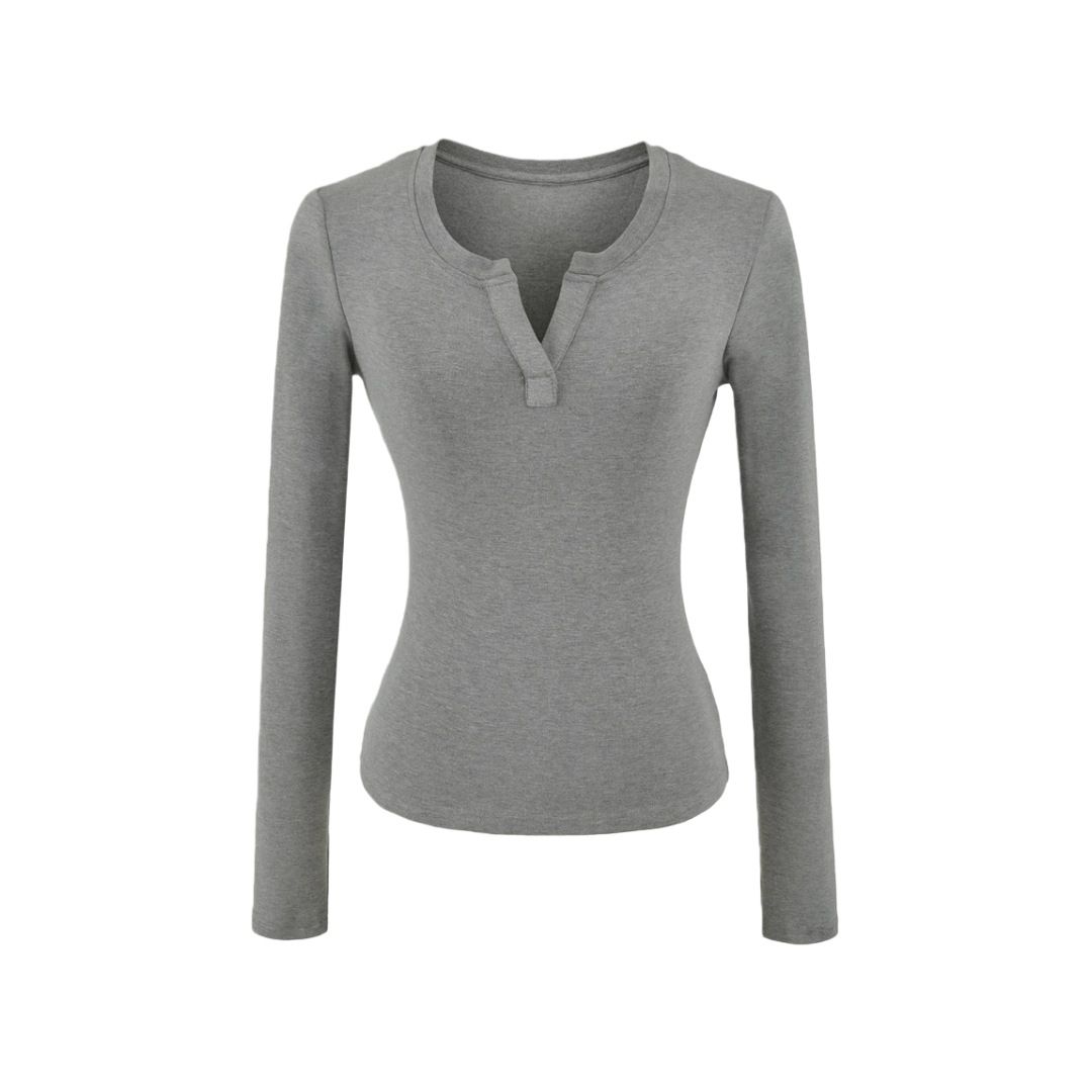 Private Lady Slim Fit Plunge Plain Wrist-Length Tee